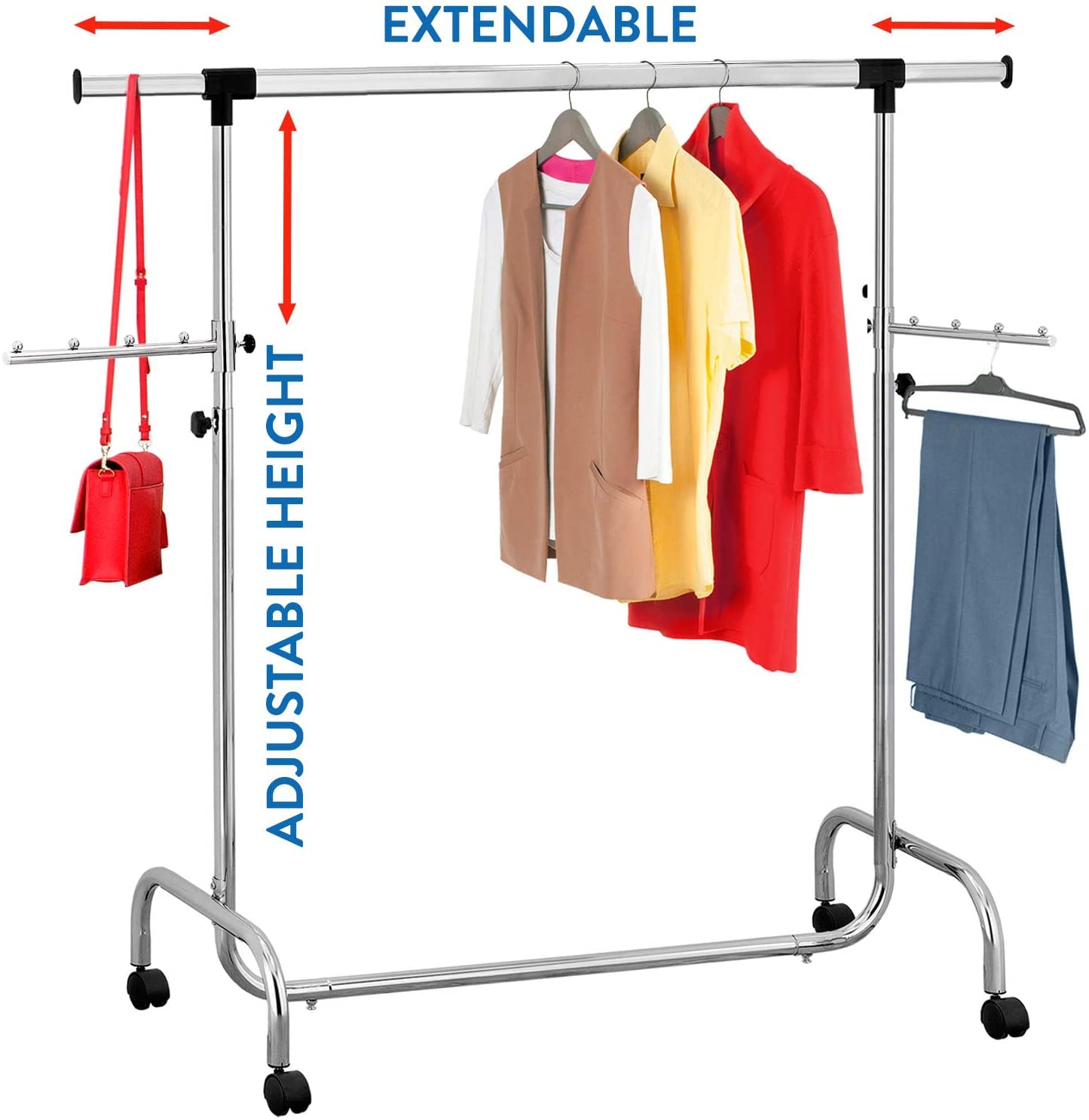 Heavy Duty Adjustable Clothes Rail, Rolling Garment, Extendable Length and Height, Chromed Steel, Tatkraft Falcon, 1