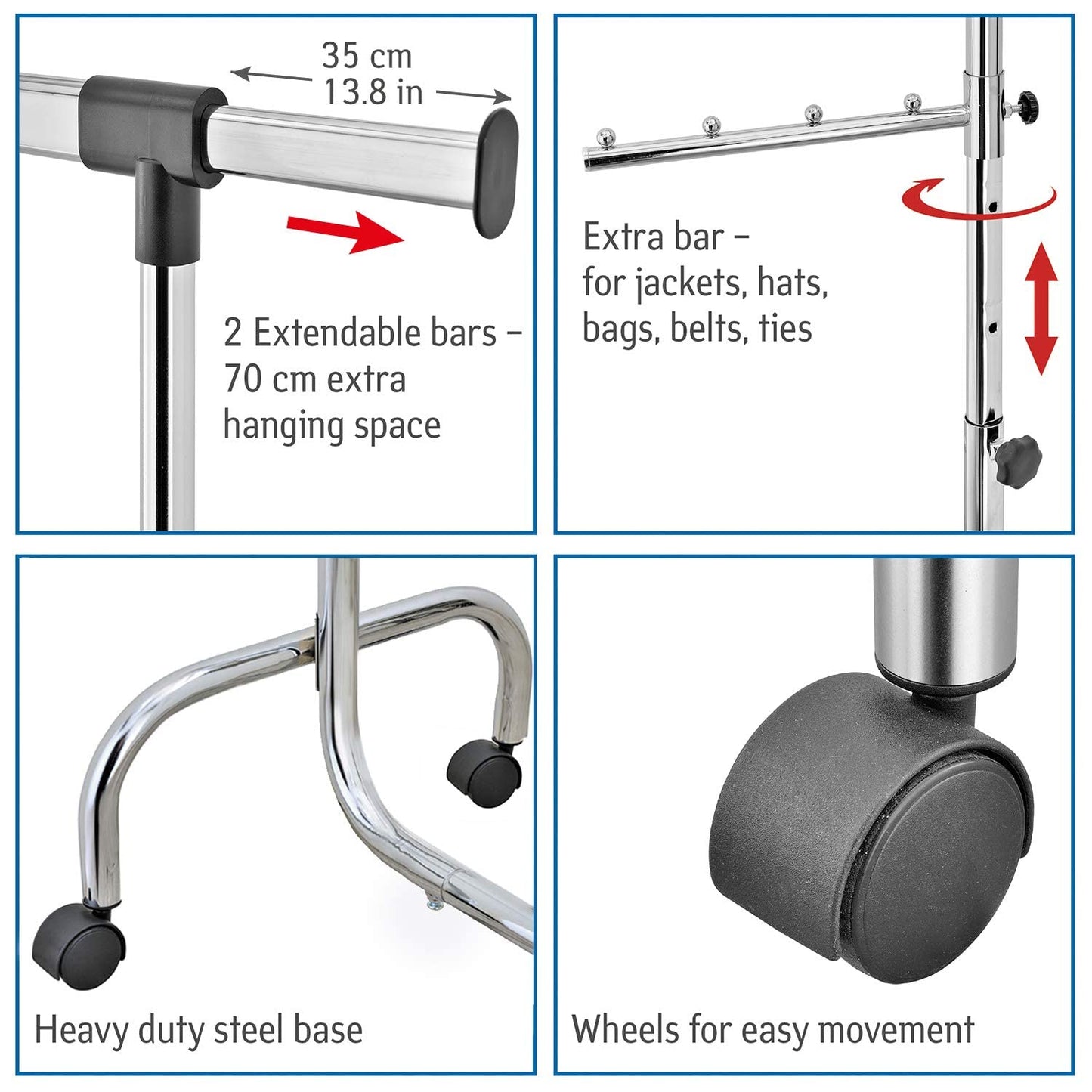 Heavy Duty Adjustable Clothes Rail, Rolling Garment, Extendable Length and Height, Chromed Steel, Tatkraft Falcon, 4