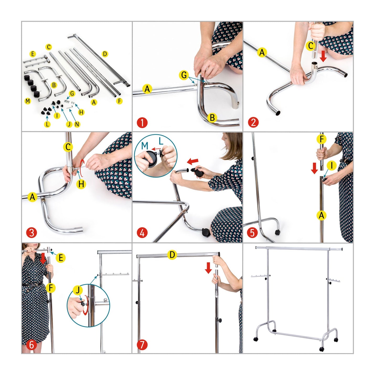 Heavy Duty Adjustable Clothes Rail, Rolling Garment, Extendable Length and Height, Chromed Steel, Tatkraft Falcon, 6