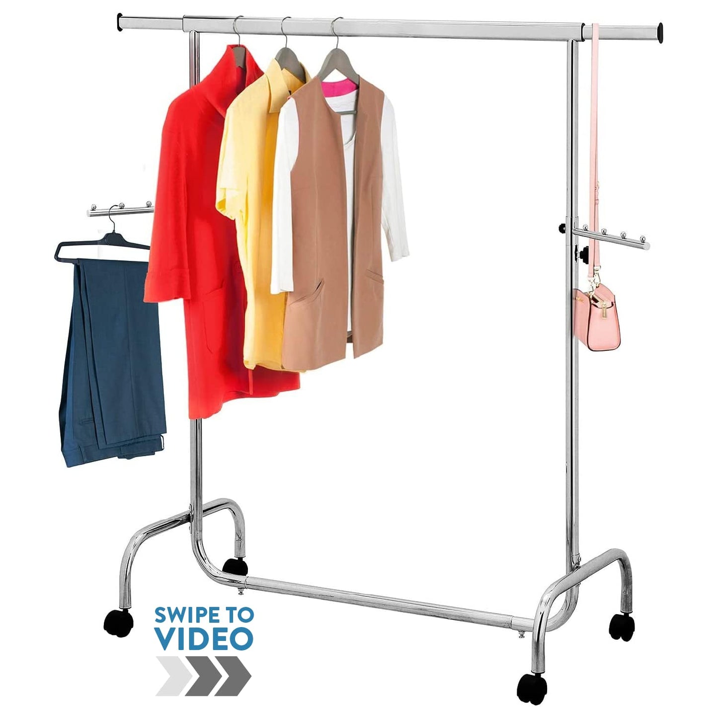 Heavy Duty Adjustable Clothes Rail, Rolling Garment, Extendable Length and Height, Chromed Steel, Tatkraft Falcon, 7