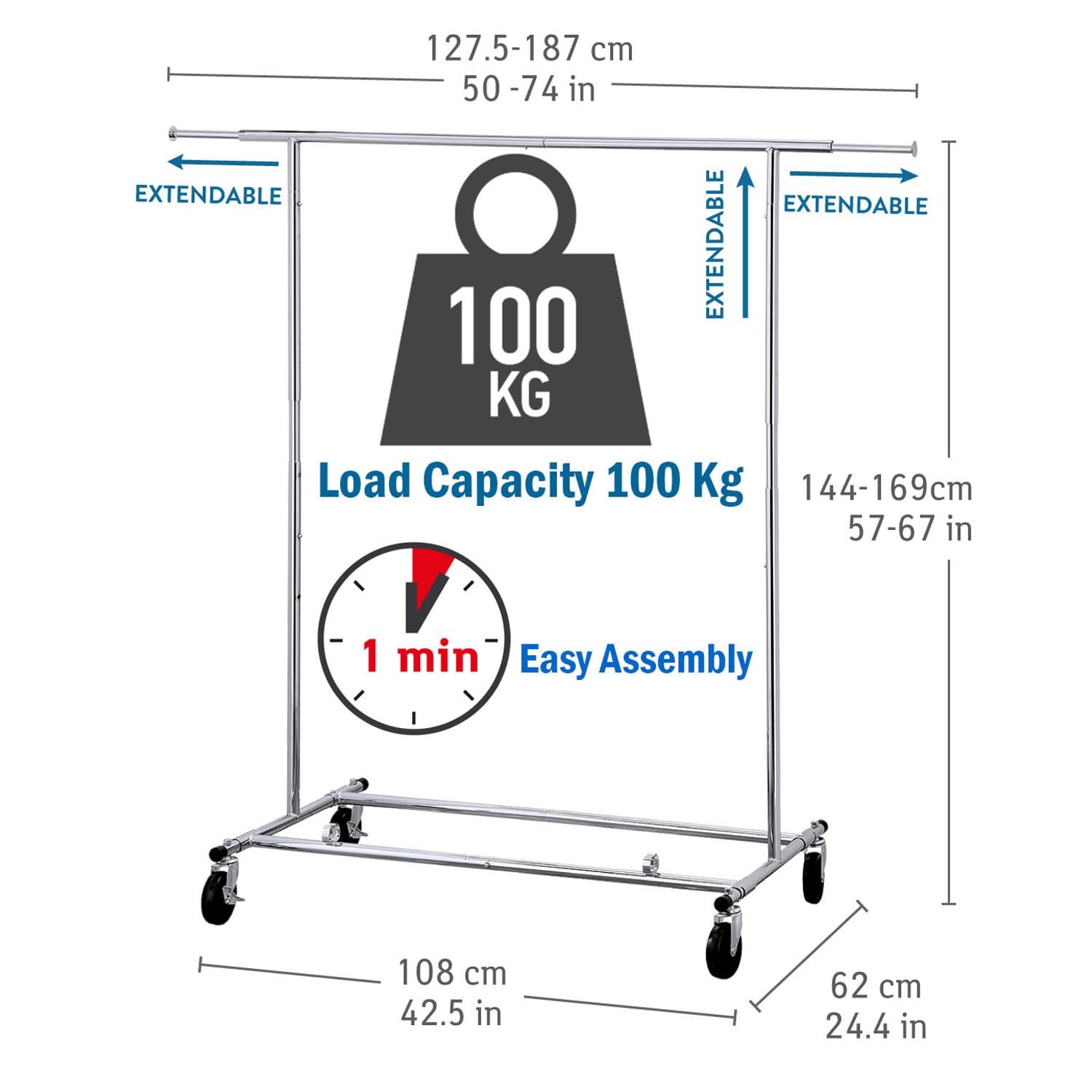 Extendable Heavy Duty Clothes Rail, Foldable, Holds up to 100kg, Tatkraft Drogo, 11