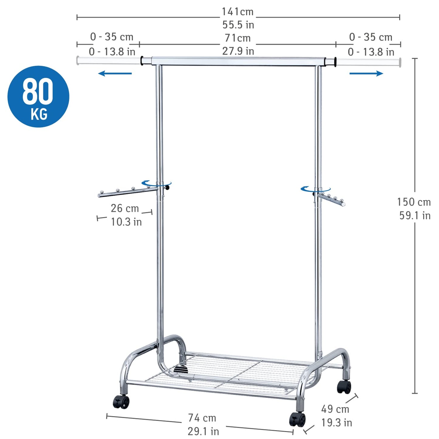 Heavy Duty Clothes Rail With Shoe Rack, Chrome Steel, Tatkraft Bull, 1