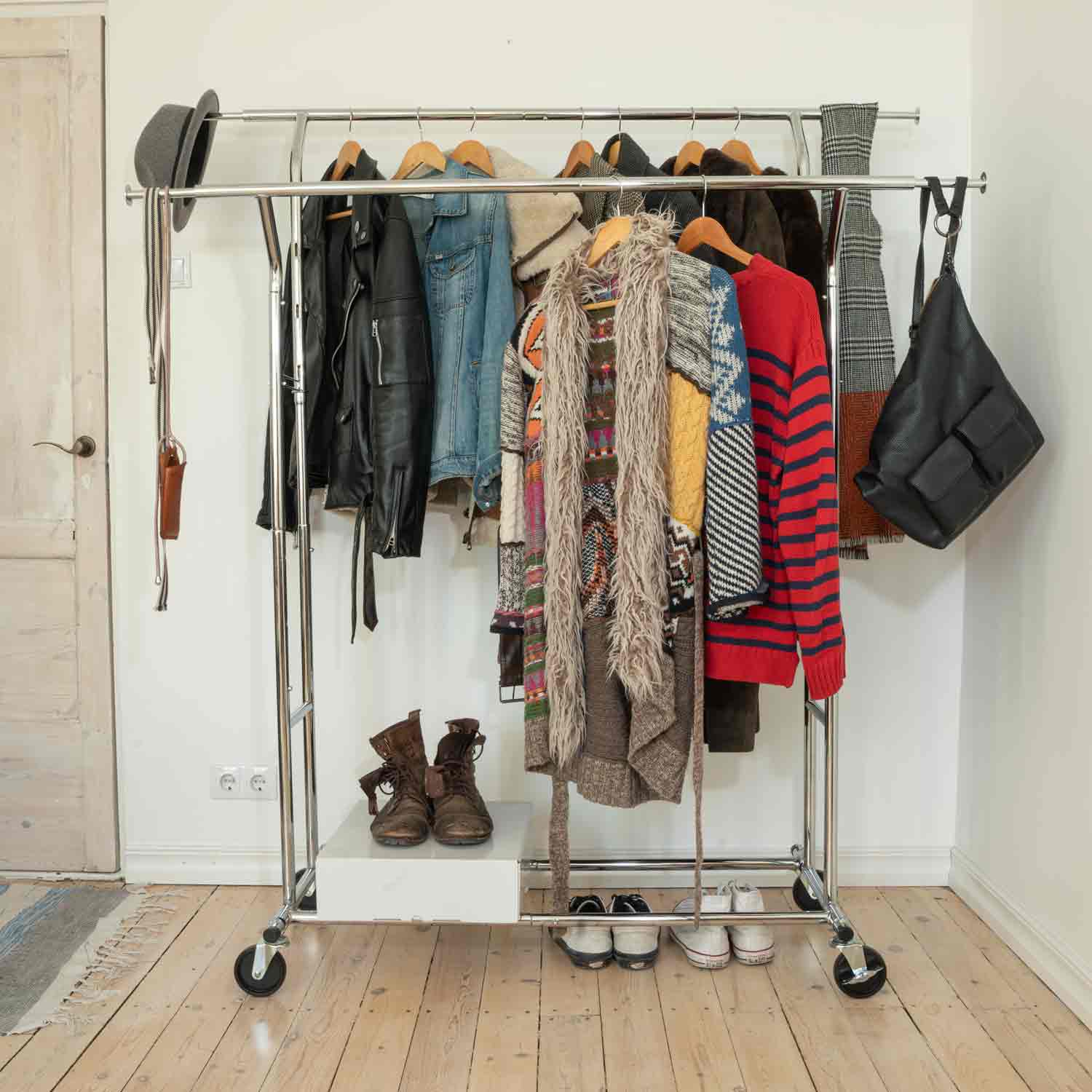 Heavy Duty Clothes Rail, Double, 242Lbs Load Capacity, Extendable Clothes Rail, Clothes Rail on Wheels, Tatkraft Denver, 2