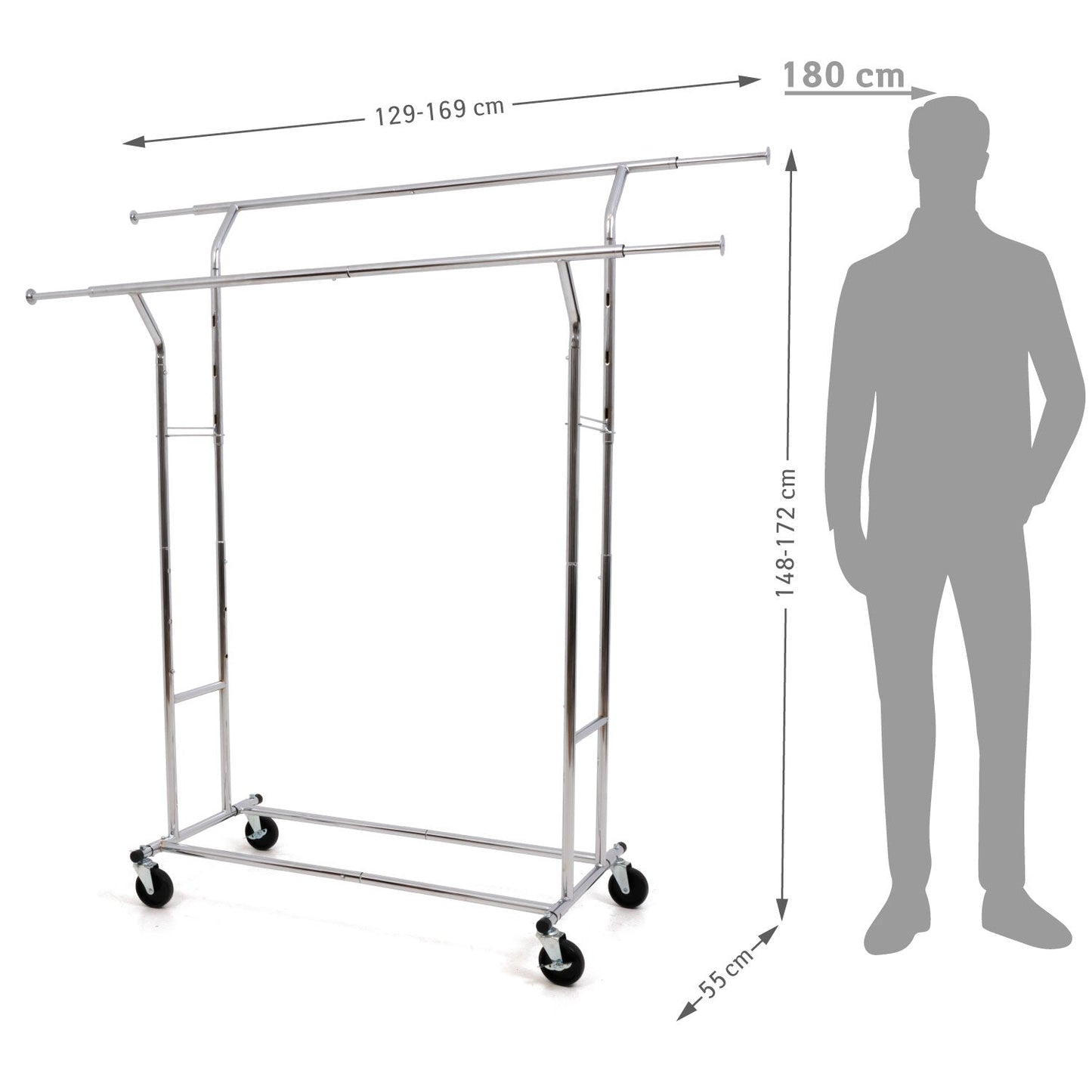 Heavy Duty Clothes Rail, Double, 242Lbs Load Capacity, Extendable Clothes Rail, Clothes Rail on Wheels, Tatkraft Denver, 6