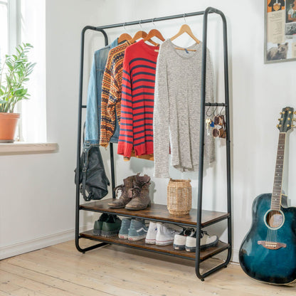 Heavy Duty Clothes Rail, Clothes Rail with 2 Shelves, 170 kg Capacity, Particleboard Rustic Brown, Steel, Black, Tatkraft Anneli