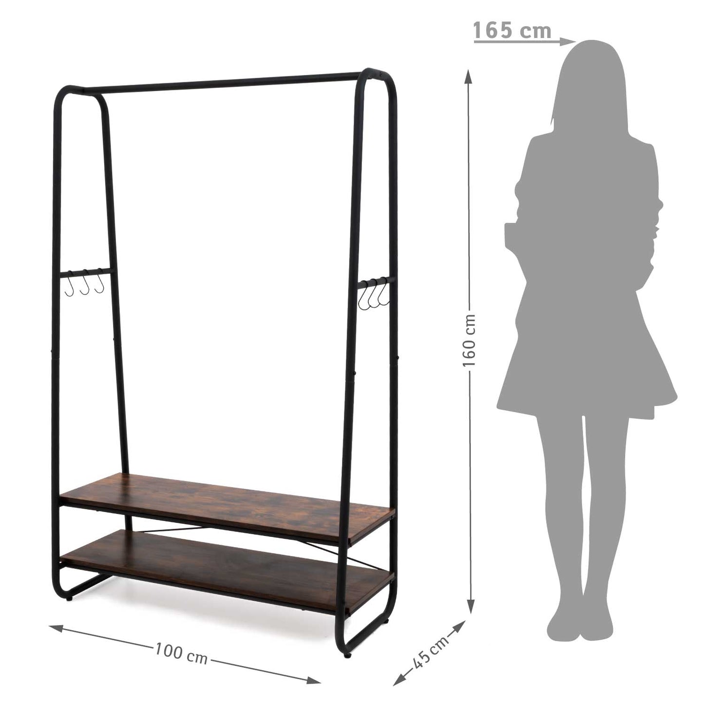 Heavy Duty Clothes Rail, Clothes Rail with 2 Shelves, 170 kg Capacity, Particleboard Rustic Brown, Steel, Black, Tatkraft Anneli, 4