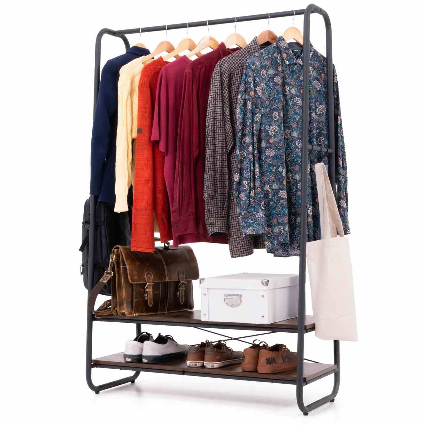 Heavy Duty Clothes Rail, Clothes Rail with 2 Shelves, 170 kg Capacity, Particleboard Rustic Brown, Steel, Black, Tatkraft Anneli, 6