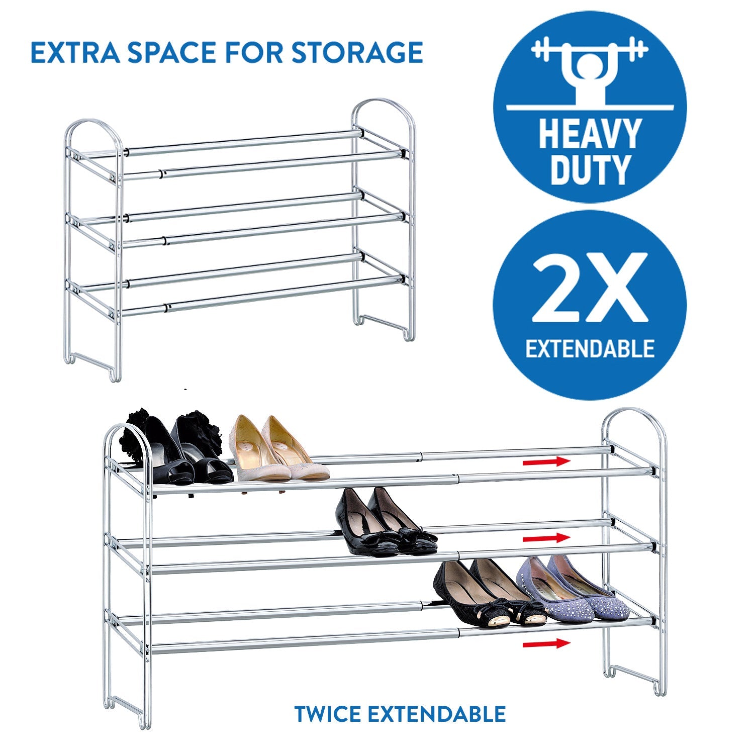 Heavy Duty Shoe Rack Steel 3 Tier Extendable, Tatkraft Maestro, 2