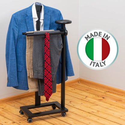 Valet Stand, Clothes Valet, 1 Clothes Hanger, 3 Trouser Rods, 1 Handy Storage Shelf, Wood, Black, Tatkraft Baron, 21