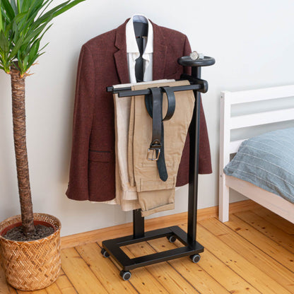Valet Stand, Clothes Valet, 1 Clothes Hanger, 3 Trouser Rods, 1 Handy Storage Shelf, Wood, Black, Tatkraft Baron, 9