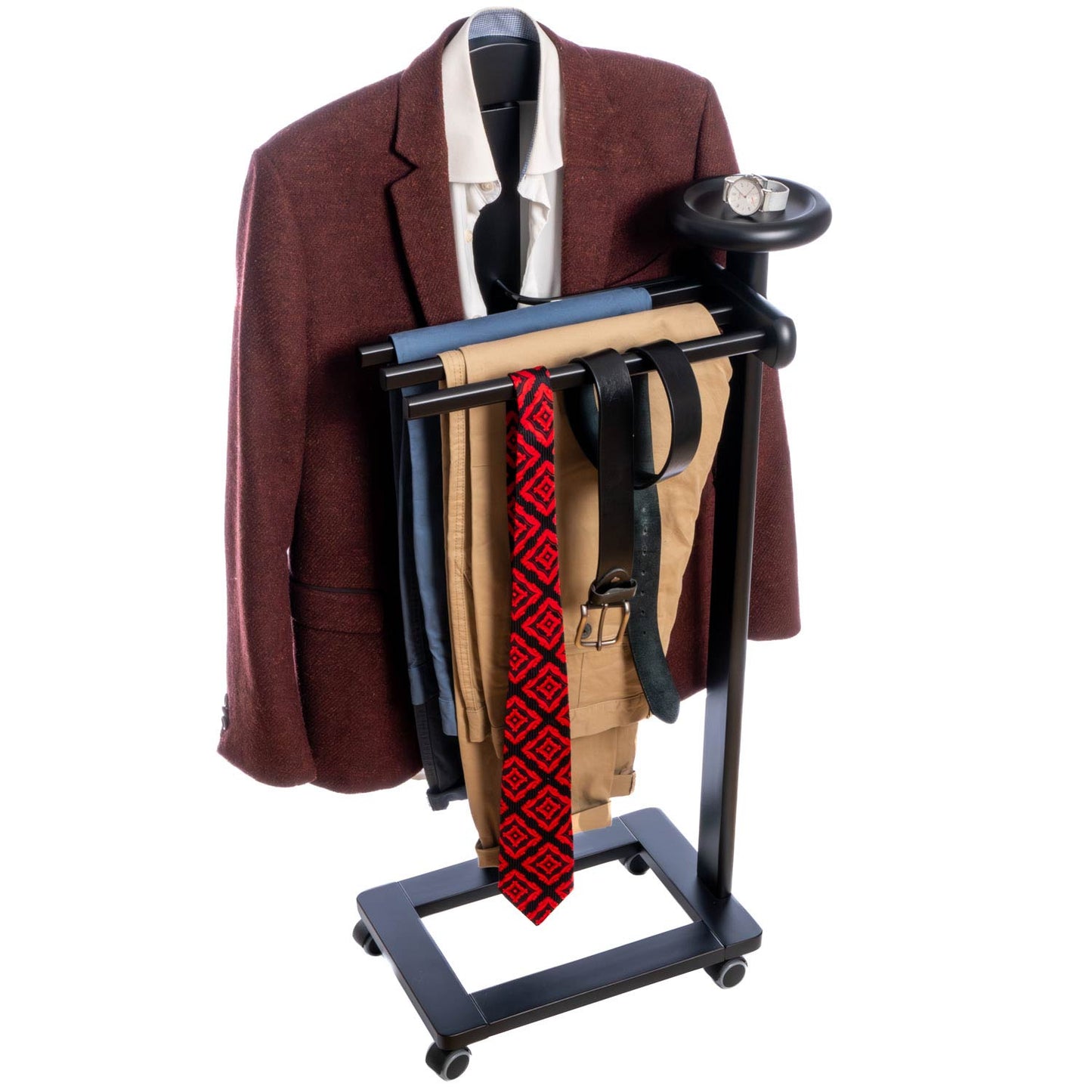 Valet Stand, Clothes Valet, 1 Clothes Hanger, 3 Trouser Rods, 1 Handy Storage Shelf, Wood, Black, Tatkraft Baron, 24