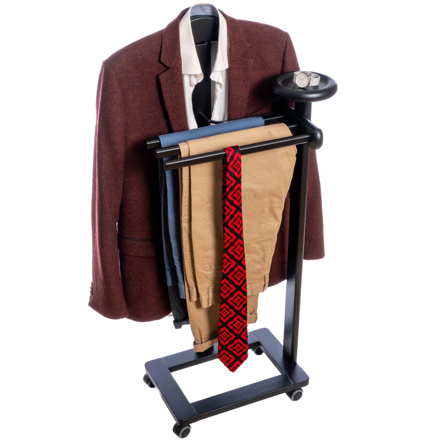 Valet Stand, Clothes Valet, 1 Clothes Hanger, 3 Trouser Rods, 1 Handy Storage Shelf, Wood, Black, Tatkraft Baron, 25