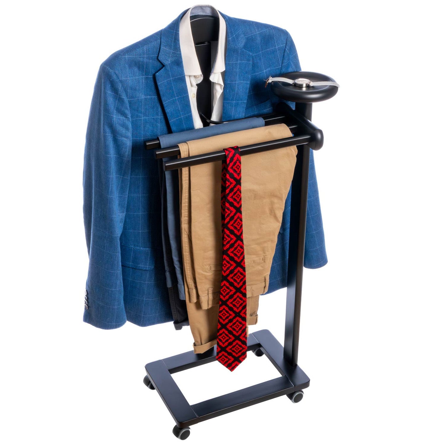 Valet Stand, Clothes Valet, 1 Clothes Hanger, 3 Trouser Rods, 1 Handy Storage Shelf, Wood, Black, Tatkraft Baron, 1