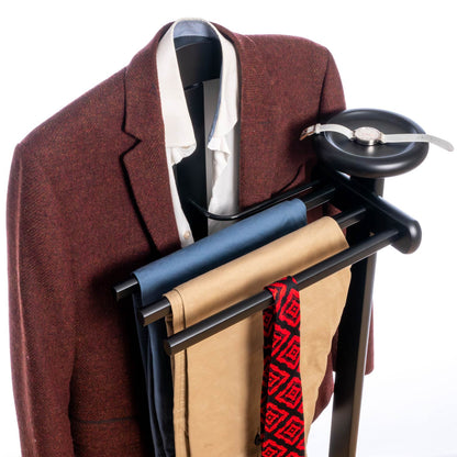 Valet Stand, Clothes Valet, 1 Clothes Hanger, 3 Trouser Rods, 1 Handy Storage Shelf, Wood, Black, Tatkraft Baron, 28