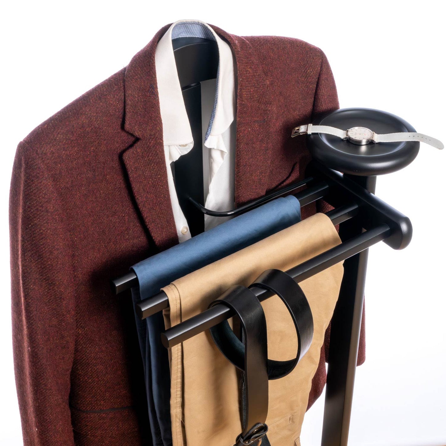 Valet Stand, Clothes Valet, 1 Clothes Hanger, 3 Trouser Rods, 1 Handy Storage Shelf, Wood, Black, Tatkraft Baron, 29