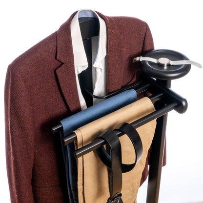 Valet Stand, Clothes Valet, 1 Clothes Hanger, 3 Trouser Rods, 1 Handy Storage Shelf, Wood, Black, Tatkraft Baron, 29