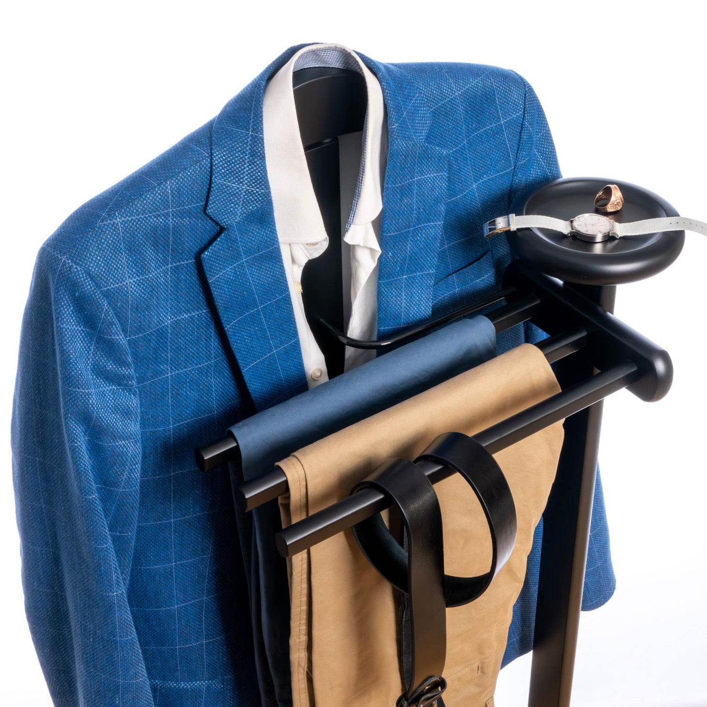 Valet Stand, Clothes Valet, 1 Clothes Hanger, 3 Trouser Rods, 1 Handy Storage Shelf, Wood, Black, Tatkraft Baron, 27