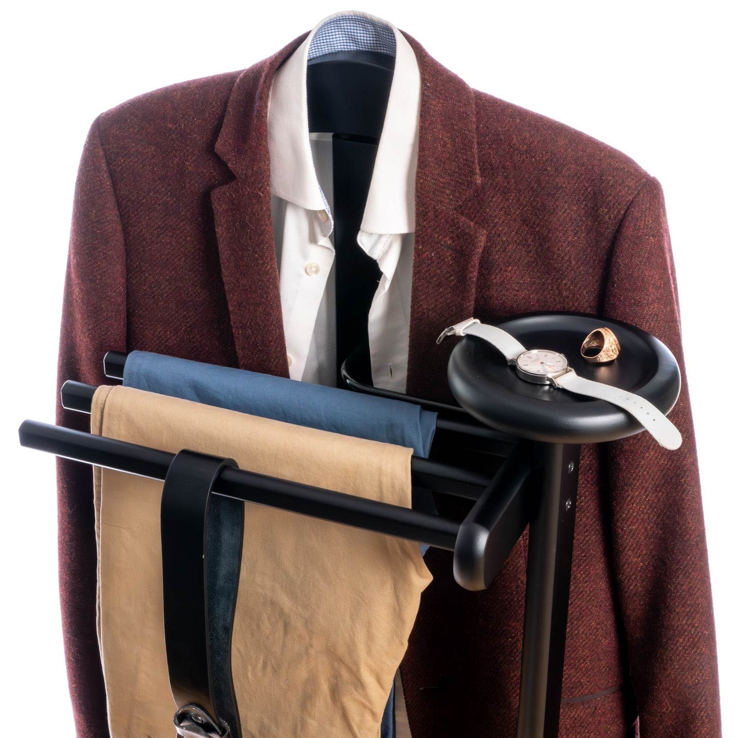 Valet Stand, Clothes Valet, 1 Clothes Hanger, 3 Trouser Rods, 1 Handy Storage Shelf, Wood, Black, Tatkraft Baron, 5