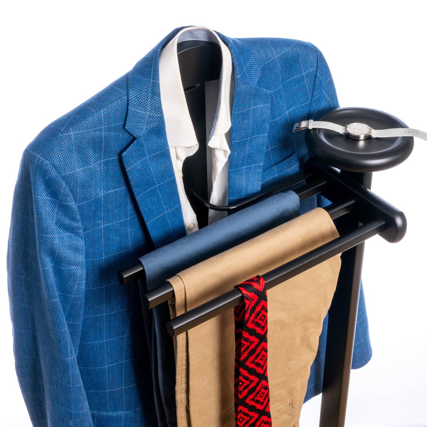 Valet Stand, Clothes Valet, 1 Clothes Hanger, 3 Trouser Rods, 1 Handy Storage Shelf, Wood, Black, Tatkraft Baron, 30