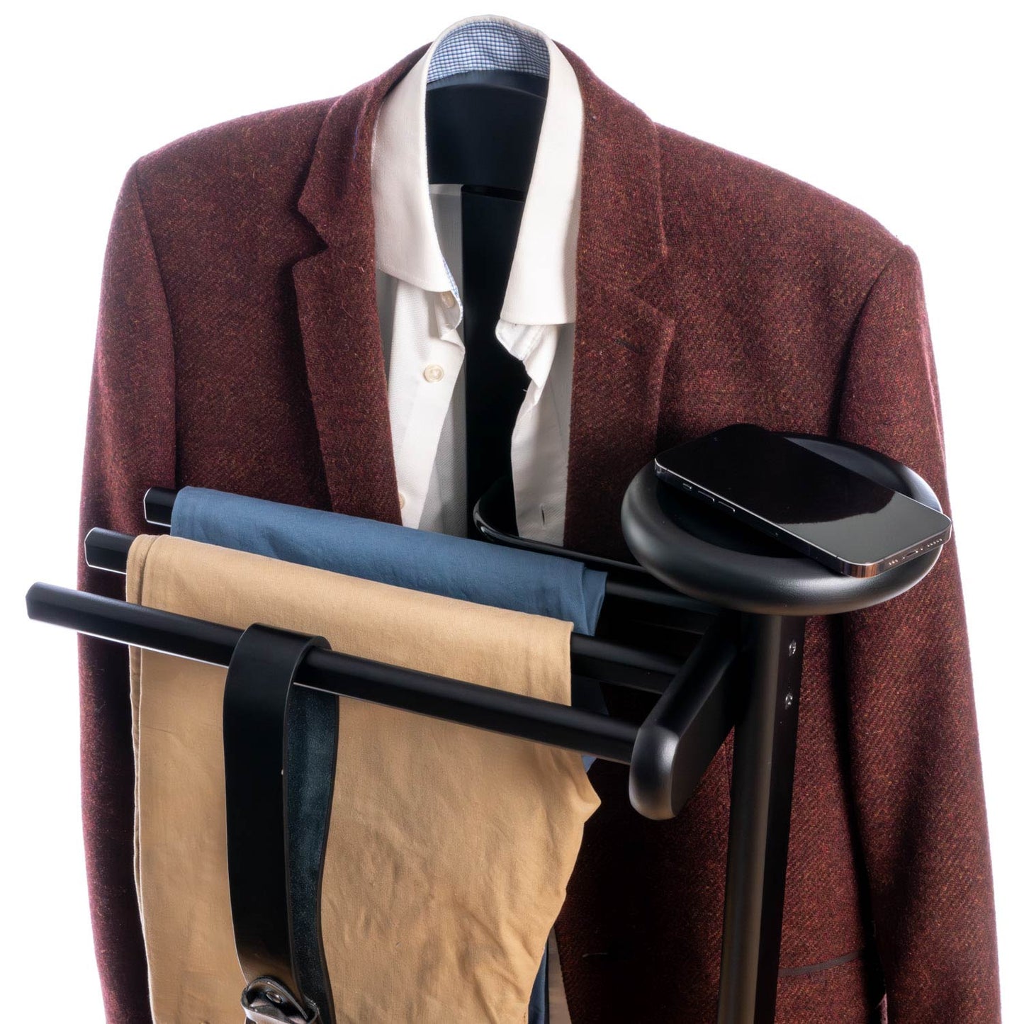 Valet Stand, Clothes Valet, 1 Clothes Hanger, 3 Trouser Rods, 1 Handy Storage Shelf, Wood, Black, Tatkraft Baron, 7
