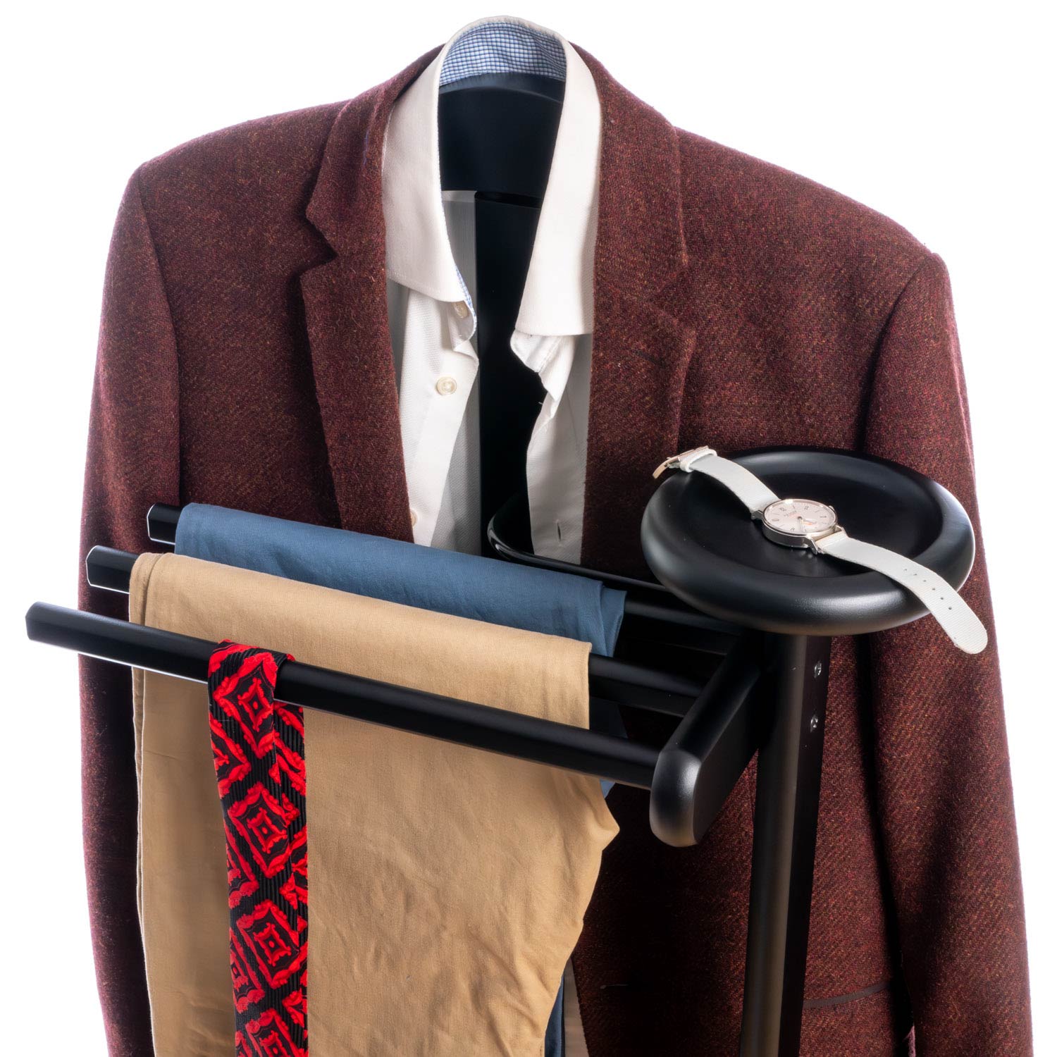 Valet Stand, Clothes Valet, 1 Clothes Hanger, 3 Trouser Rods, 1 Handy Storage Shelf, Wood, Black, Tatkraft Baron, 32