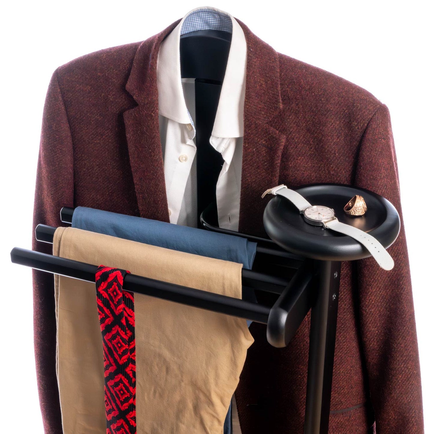 Valet Stand, Clothes Valet, 1 Clothes Hanger, 3 Trouser Rods, 1 Handy Storage Shelf, Wood, Black, Tatkraft Baron, 33