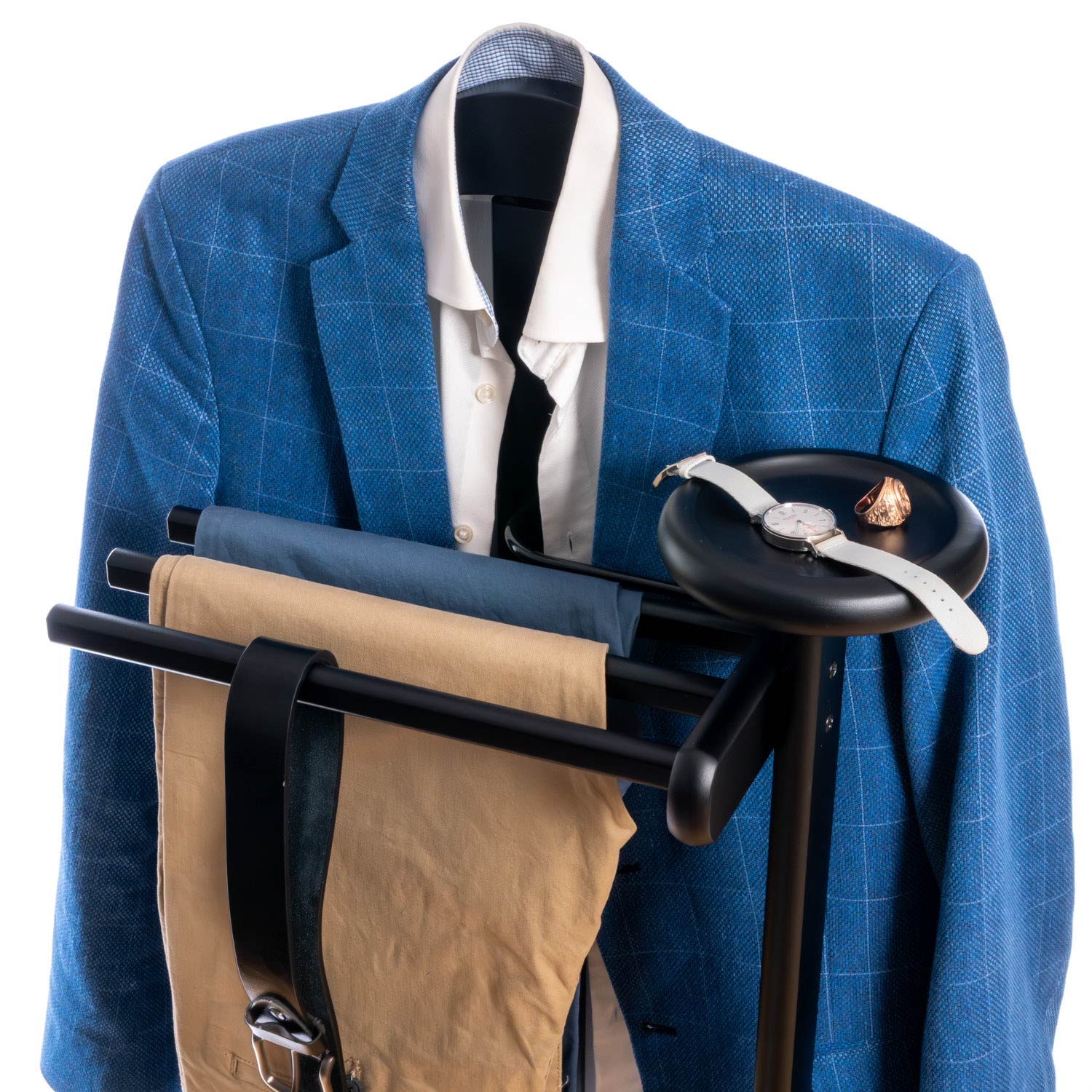 Valet Stand, Clothes Valet, 1 Clothes Hanger, 3 Trouser Rods, 1 Handy Storage Shelf, Wood, Black, Tatkraft Baron, 4