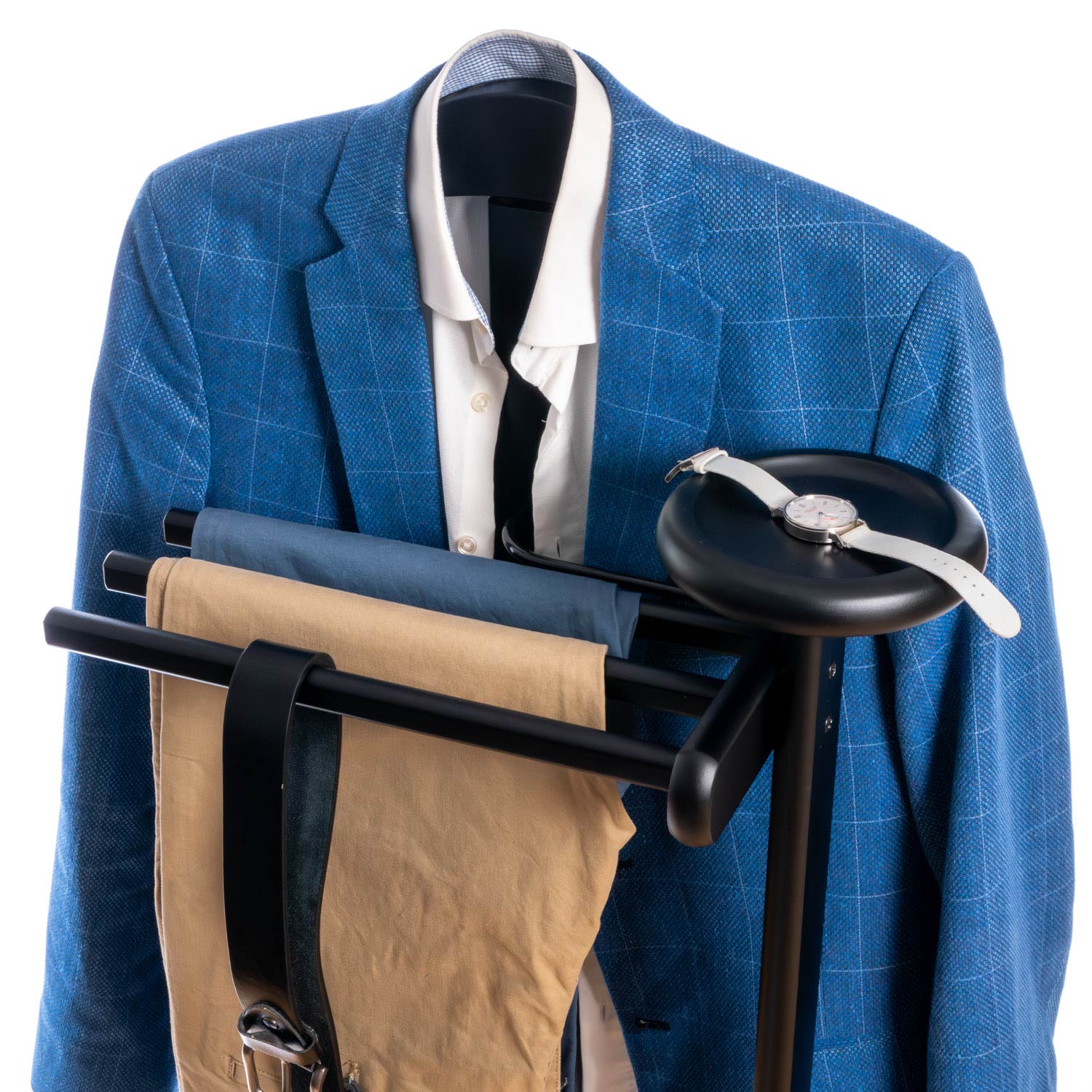 Valet Stand, Clothes Valet, 1 Clothes Hanger, 3 Trouser Rods, 1 Handy Storage Shelf, Wood, Black, Tatkraft Baron, 34
