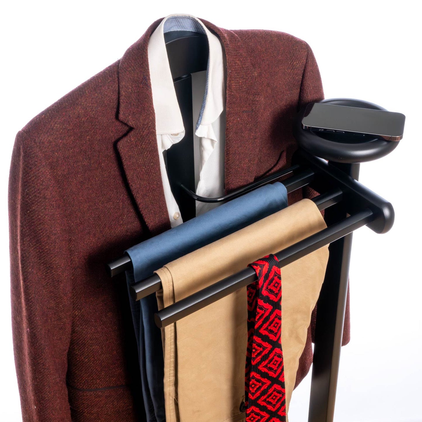Valet Stand, Clothes Valet, 1 Clothes Hanger, 3 Trouser Rods, 1 Handy Storage Shelf, Wood, Black, Tatkraft Baron, 6