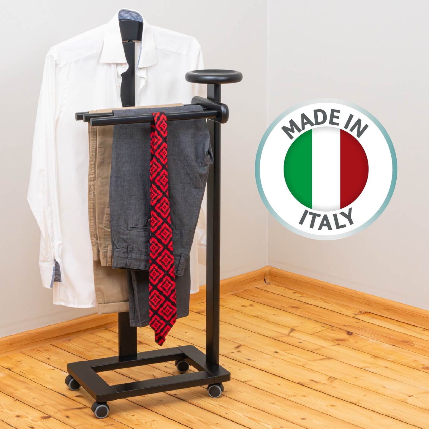 Valet Stand, Clothes Valet, 1 Clothes Hanger, 3 Trouser Rods, 1 Handy Storage Shelf, Wood, Black, Tatkraft Baron, 12