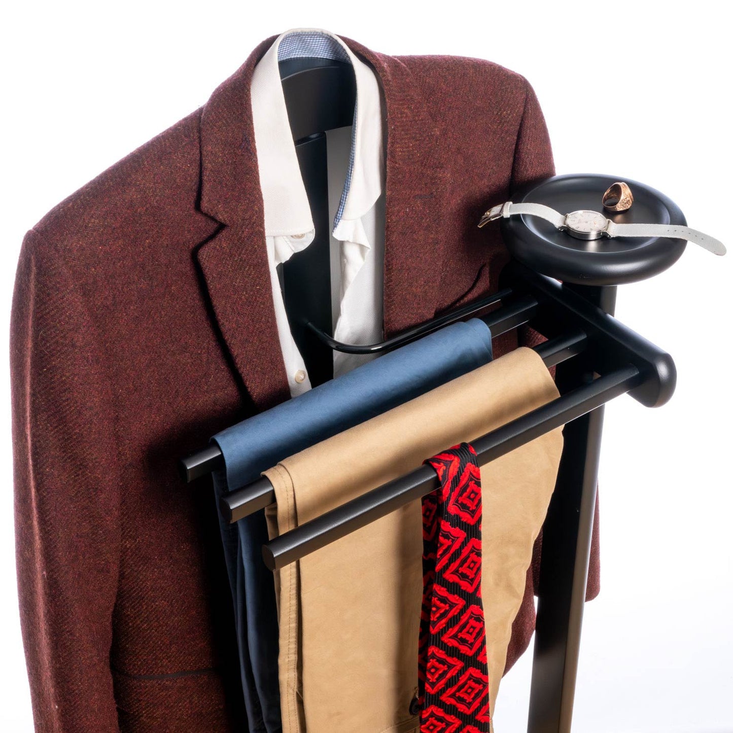 Valet Stand, Clothes Valet, 1 Clothes Hanger, 3 Trouser Rods, 1 Handy Storage Shelf, Wood, Black, Tatkraft Baron, 13