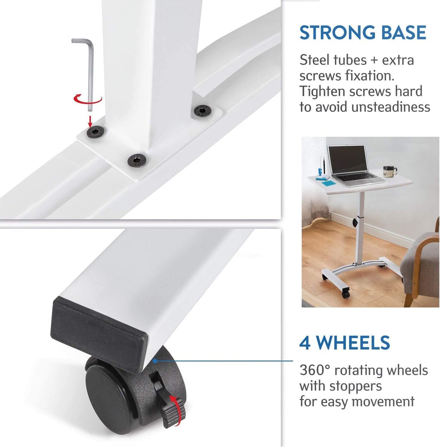 High Quality Mobile Laptop Stand Desk Adjustable Height 52-84cm 4 casters (with locking device), Tatkraft Cheer, 8