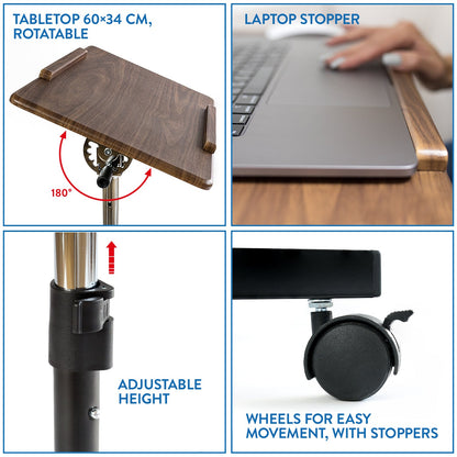 Home Office Bedside Table, Healthcare Overbed Laptop Desk with Wheels, Adjusting Height from 71-96 cm, Tatkraft Gain, 4