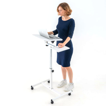 Ergonomic Laptop Stand Desk with Mouse Board on Wheels, Adjustable Height from 72 – 110 cm, White, Tatkraft Bianca, 1