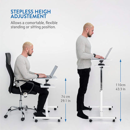 Ergonomic Laptop Stand Desk with Mouse Board on Wheels, Adjustable Height from 72 – 110 cm, White, Tatkraft Bianca, 2