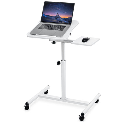 Ergonomic Laptop Stand Desk with Mouse Board on Wheels, Adjustable Height from 72 – 110 cm, White, Tatkraft Bianca, 3