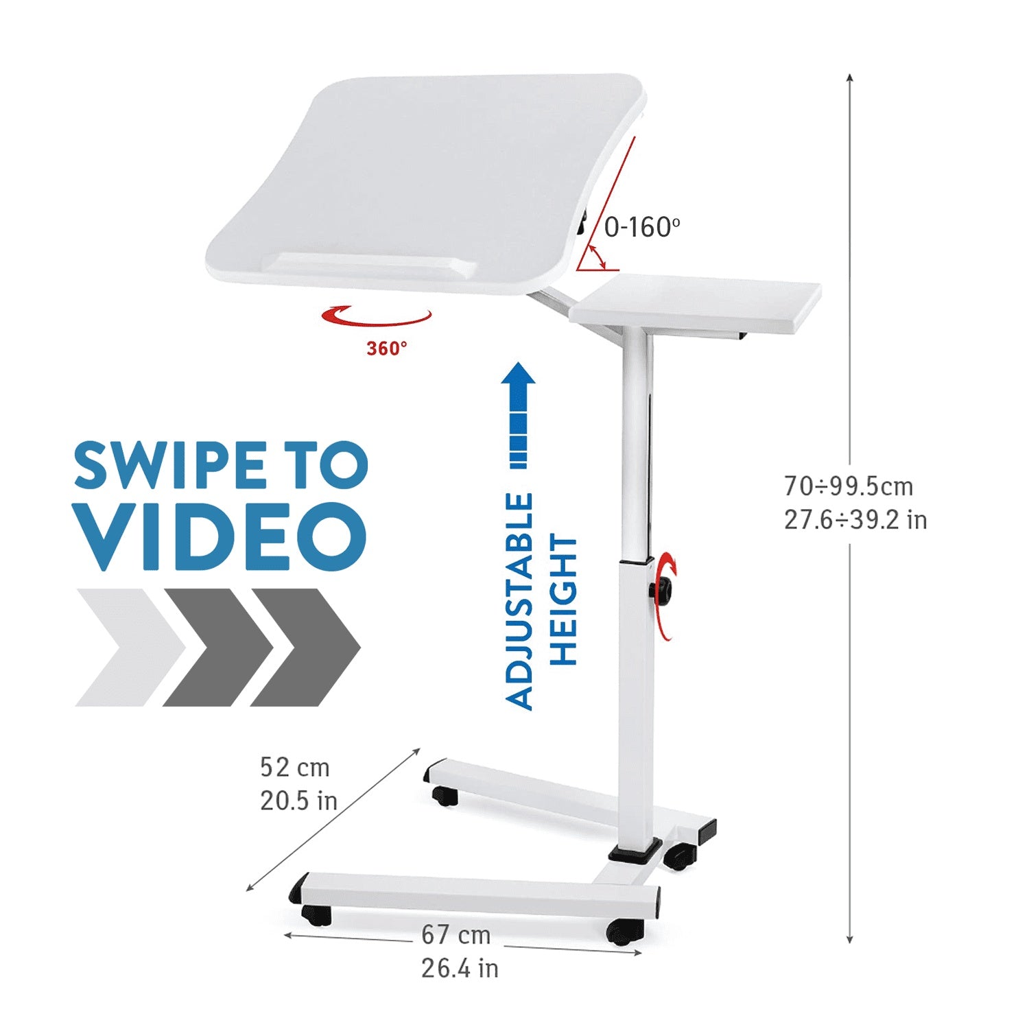 Laptop Table Stand on Wheels with Mouse Pad, White, Tatkraft Like, 3