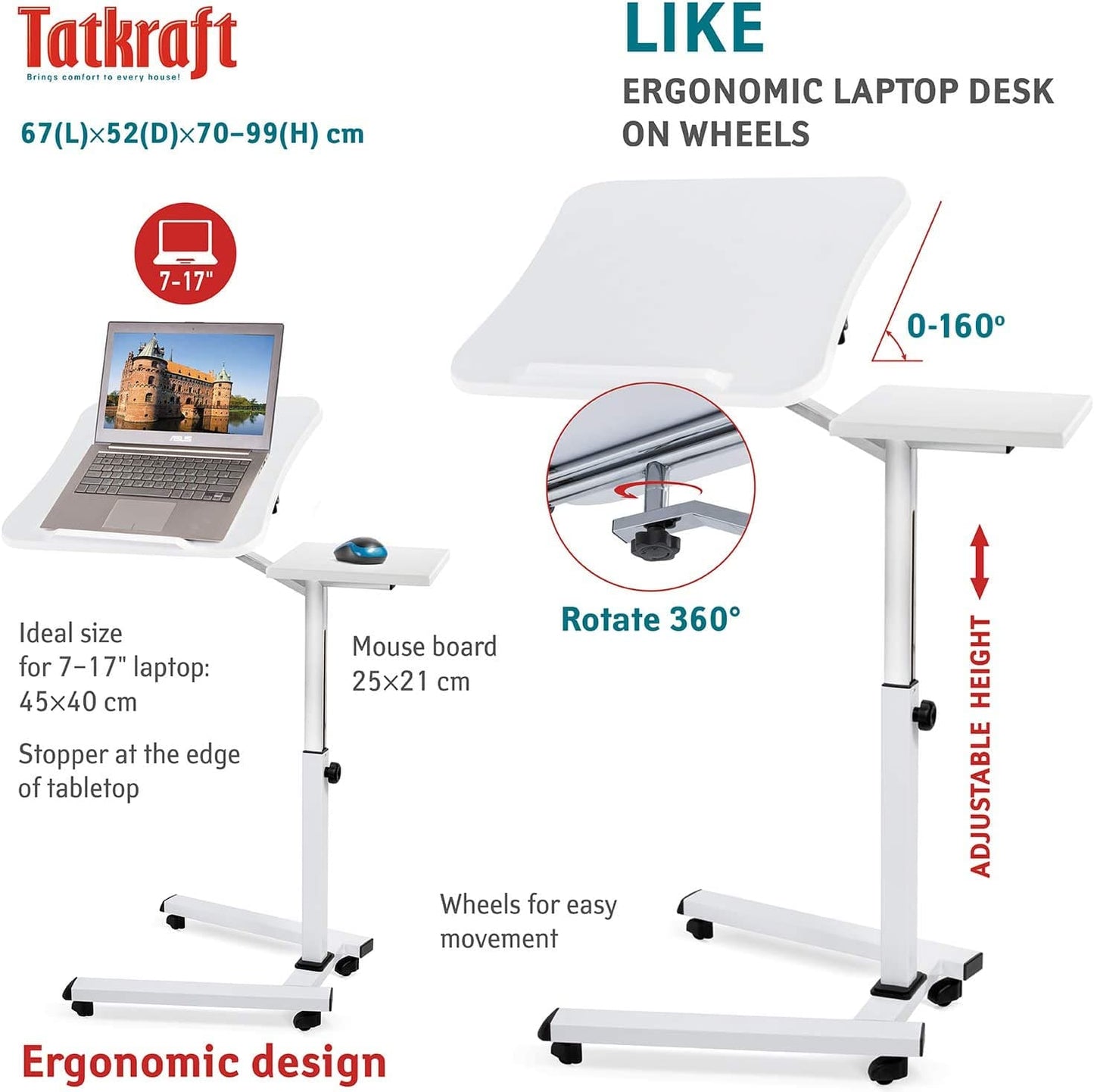 Laptop Table Stand on Wheels with Mouse Pad, White, Tatkraft Like, 7