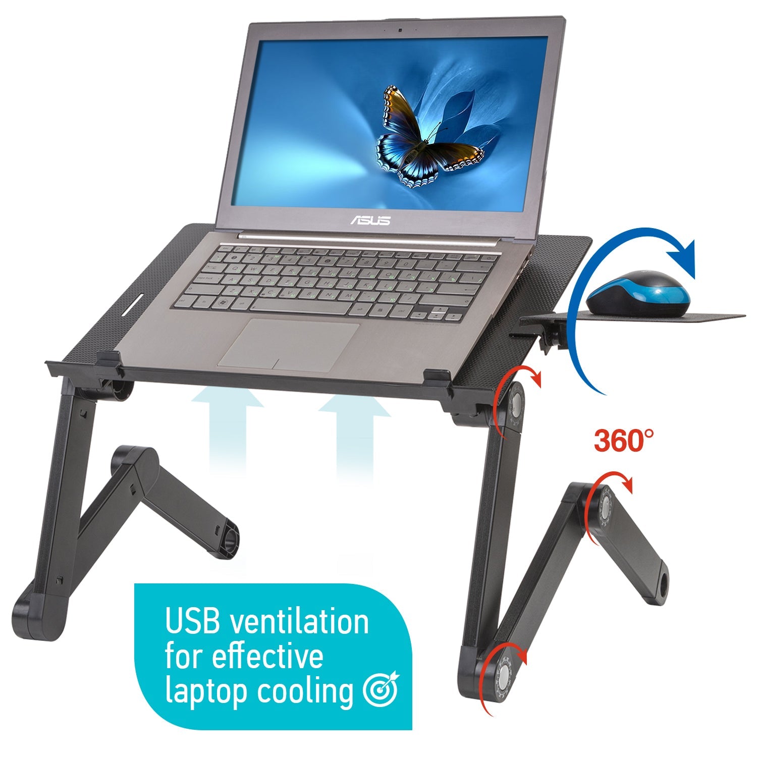 Laptop Table for Bed, Folding Laptop Table with Mouse Pad, USB Powered Fans, Adjustable Laptop Stand, WonderWorker Einstein, 2