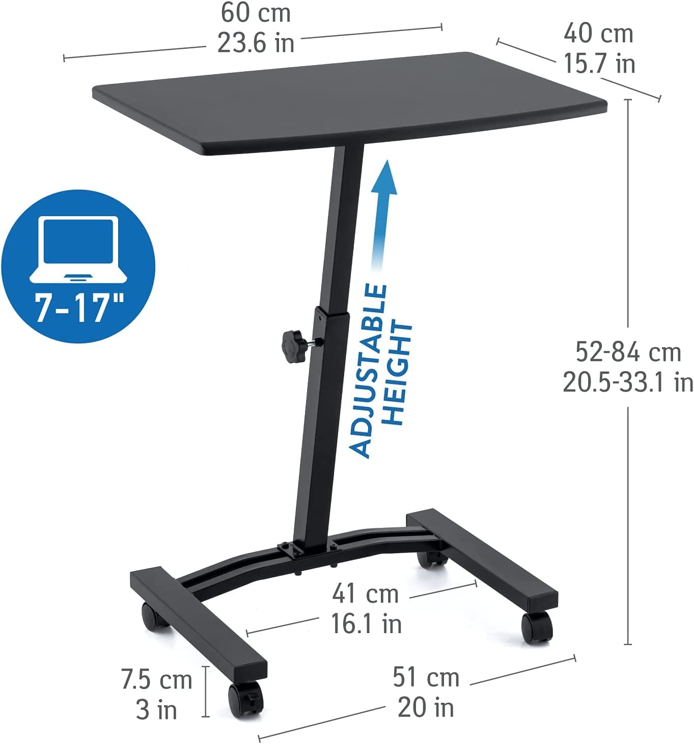 Mobile Laptop Stand Desk, Adjustable Height, Black, Tatkraft Dream, 3