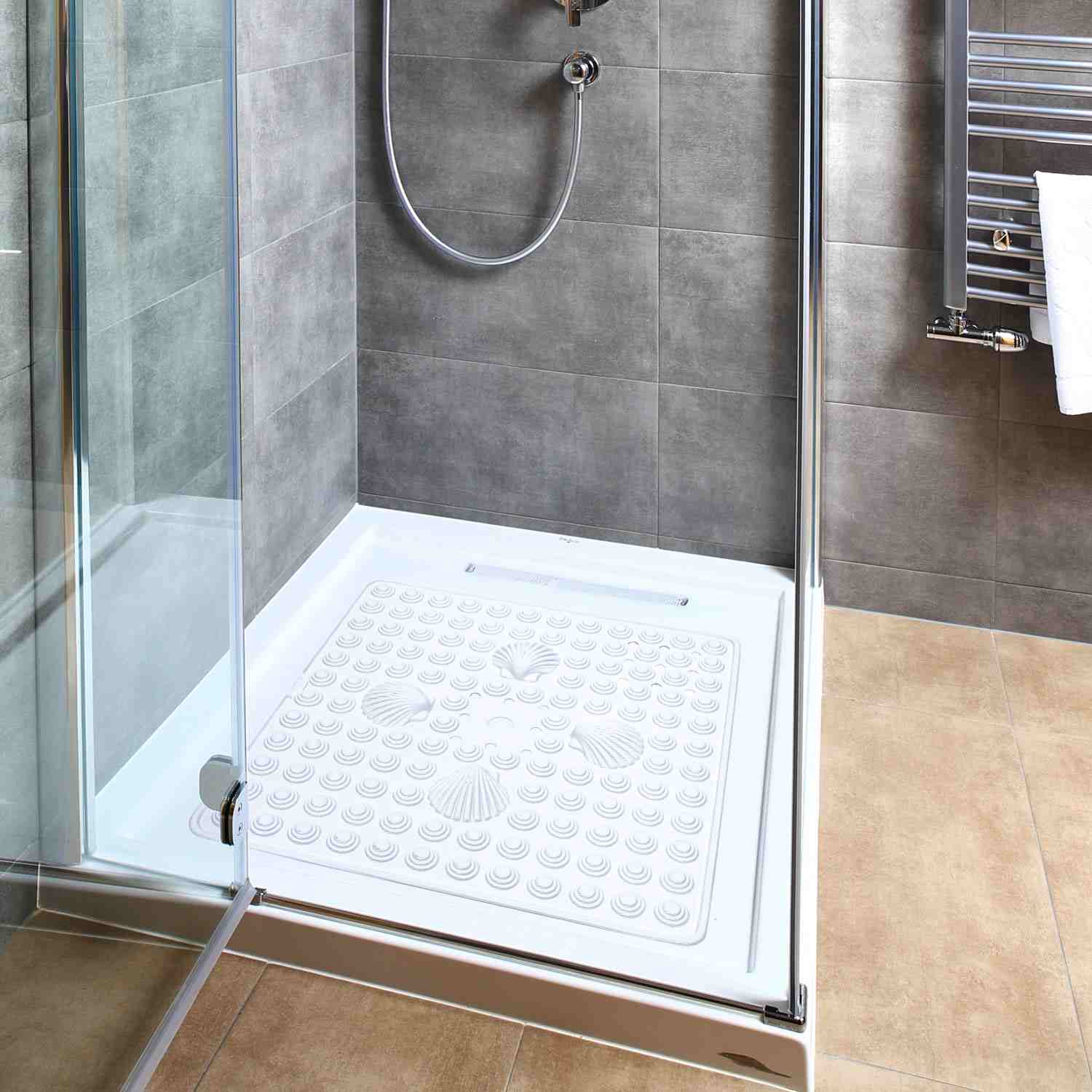 Non Slip Shower Mat, 48x48cm, Mildew Resistant, Machine Washable, White, Made in Italy, Tatkraft Shell, 2