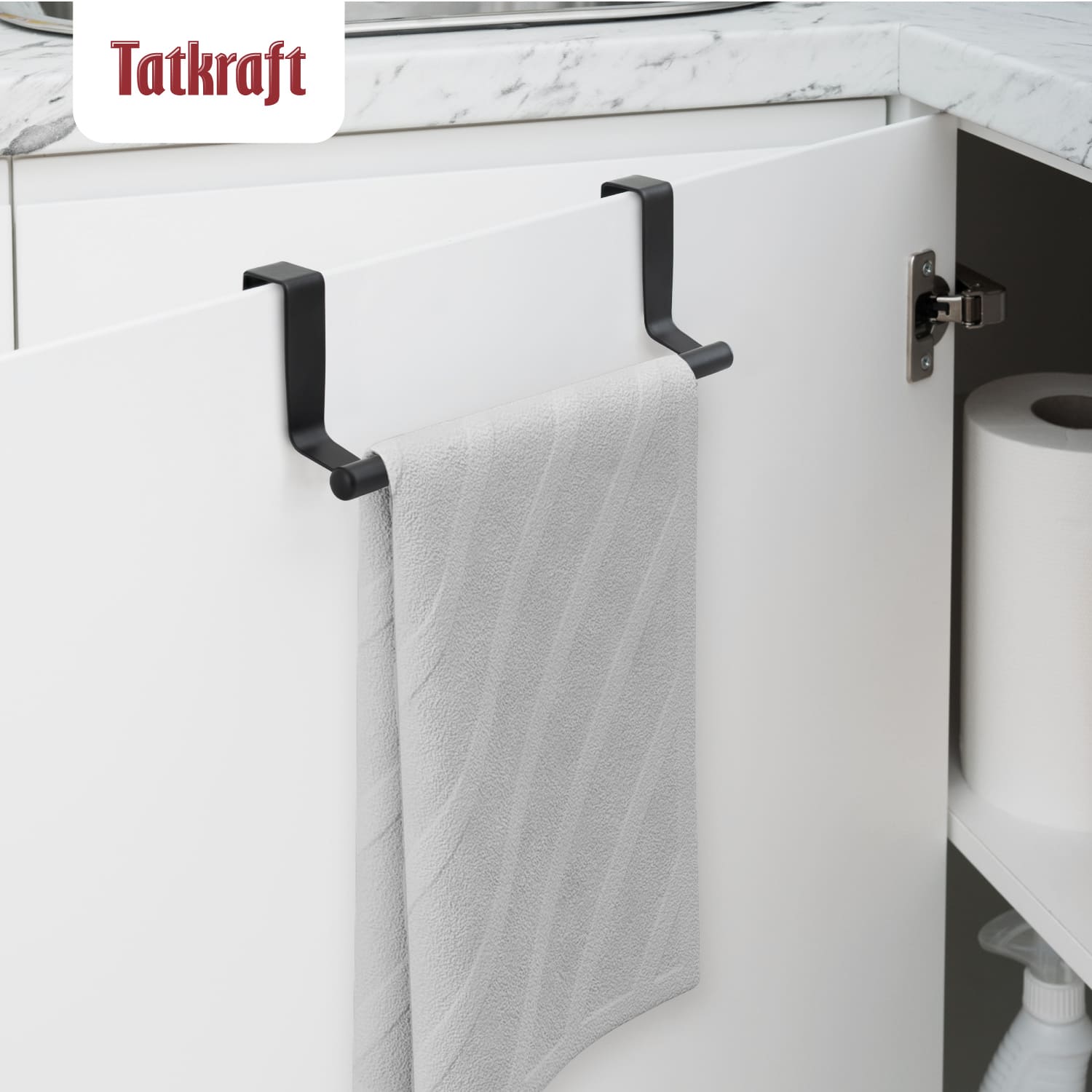 Over the Door Towel Rail, Towel Holder for Cupboard Drawer Cabinet, Kitchen and Bathroom, Tatkraft Horizon Black, 3