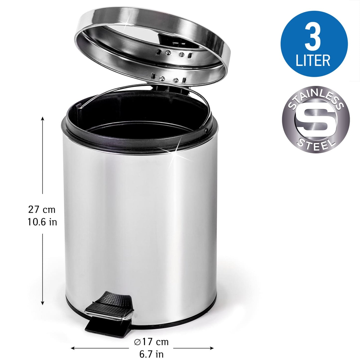 Stainless Steel Round Pedal Bin capacity 3L Shiny, art moon Moon, 1