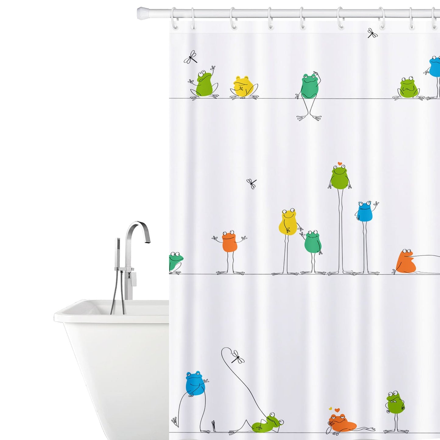 Fabric Shower Curtain 180x180cm Waterproof Mildew Free with 12 Shower Rings, Tatkraft Funny Frogs, 1