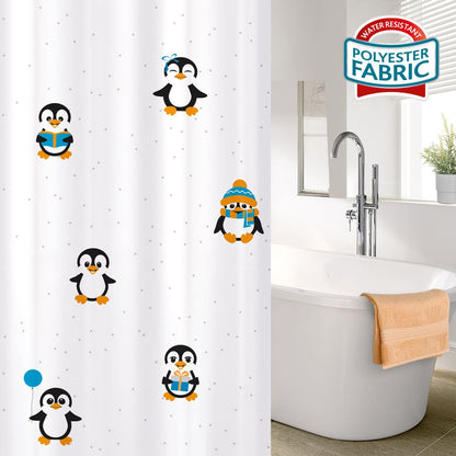 Shower Curtain Liner 180x180 cm, Textile. Waterproof. 12 plastic rings included, Tatkraft Funny Penguins