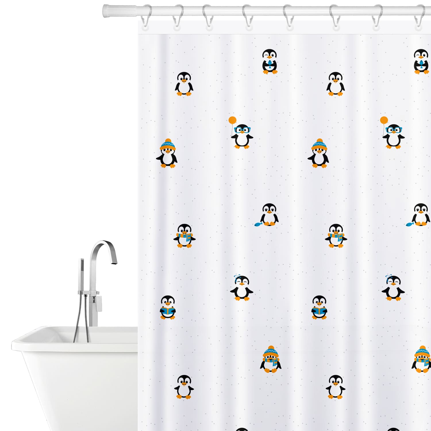 Shower Curtain Liner 180x180 cm, Textile. Waterproof. 12 plastic rings included, Tatkraft Funny Penguins, 1