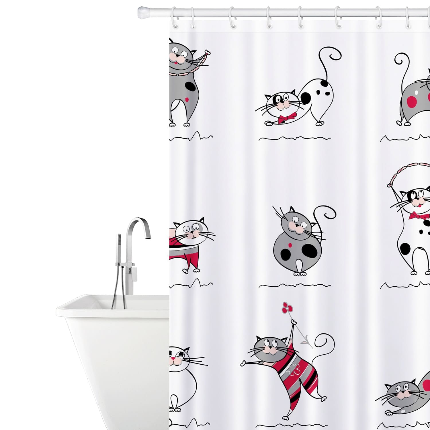 Shower Curtain 180x180cm Waterproof Textile Mould Proof 12 Shower Rings Hooks, Tatkraft Funny Cats