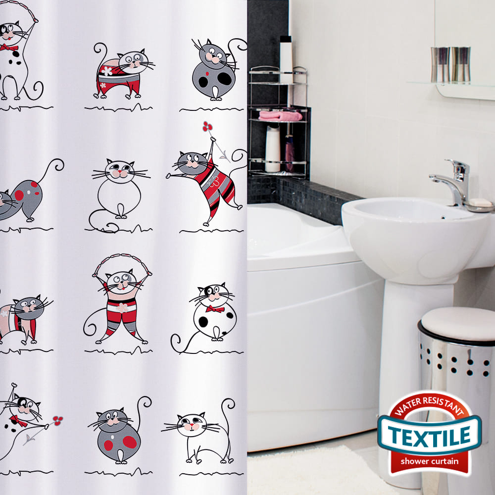 Shower Curtain 180x180cm Waterproof Textile Mould Proof 12 Shower Rings Hooks, Tatkraft Funny Cats, 4