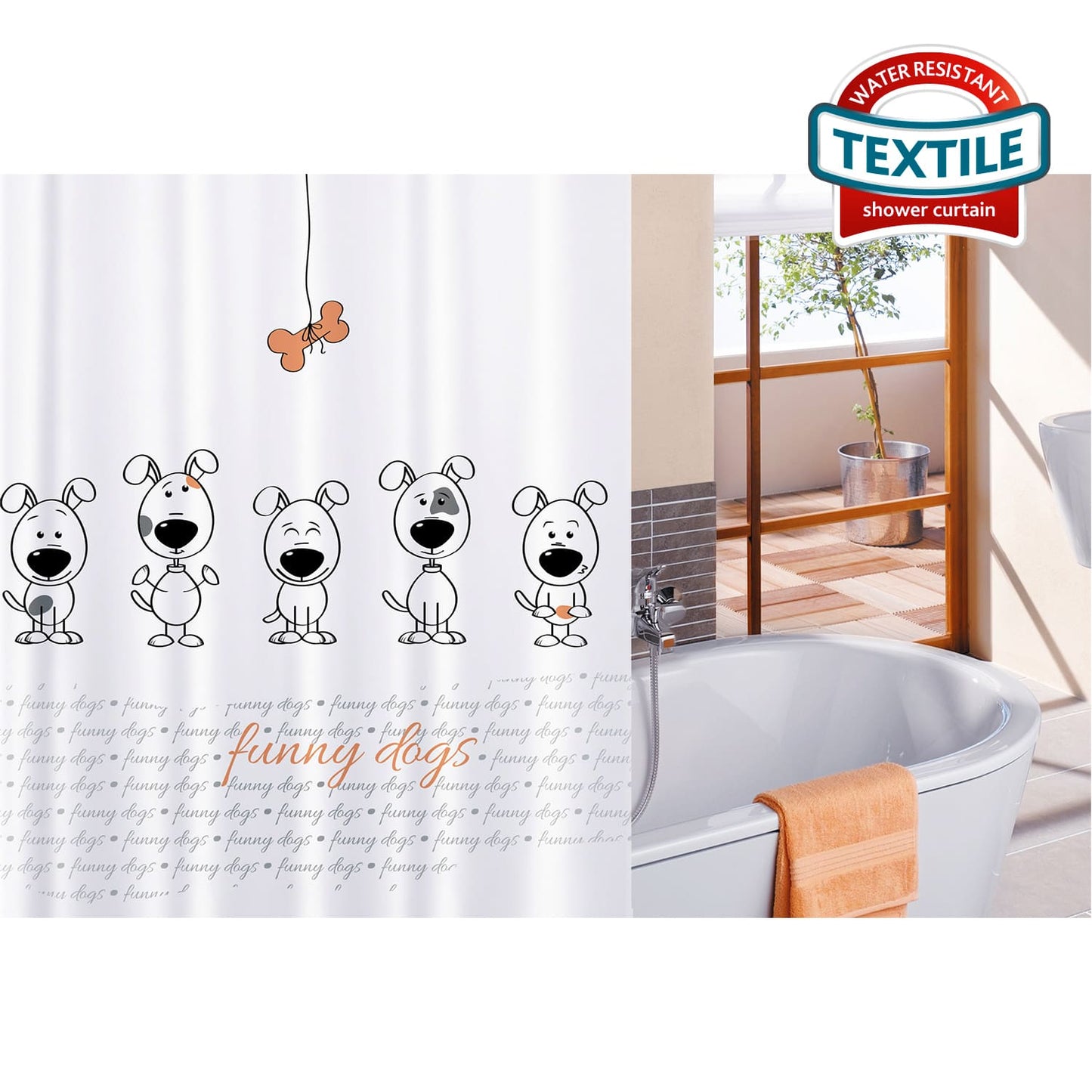 Fabric Shower Curtain with 12 Rings 100% Waterproof 180x180 cm, Tatkraft Funny Dogs, 3