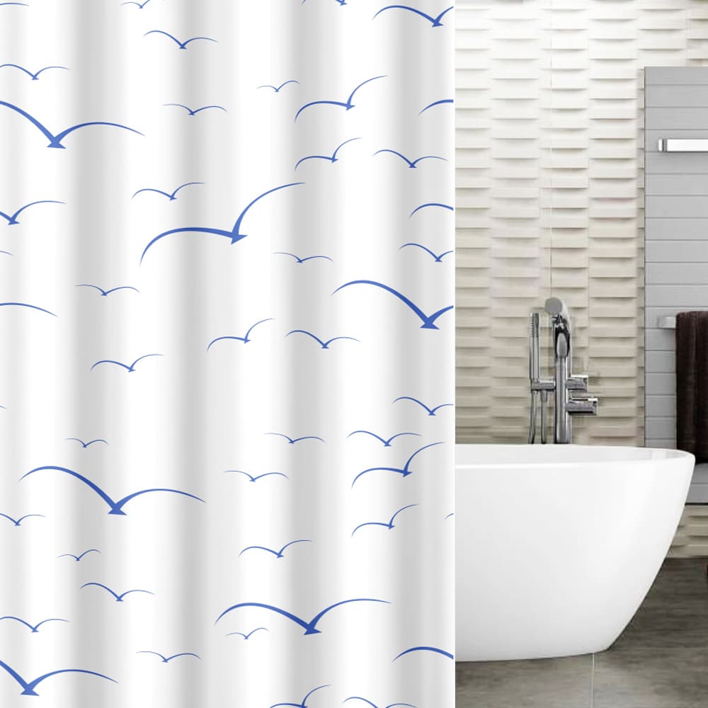 Shower Curtain 180x180cm Waterproof Textile Polyester 12 Oval Rings, Tatkraft Seagulls